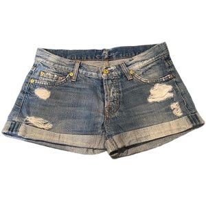 7 For All Mankind Denim Cuffed Ripped Shorts Light Wash Sz 25